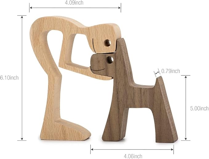 Unique Gift Hand Carved Wood Human & Dog Statue Figurine Sculpture Home Office Decor, Wooden Man & Dog Carving Model to Remember Friendship Between People & Pets (C)