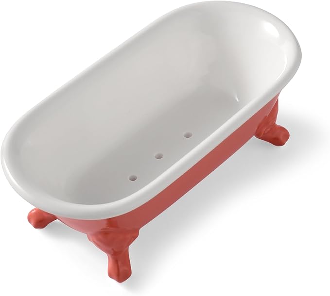 6.5" Ceramic Mini Decorative Clawfoot Bathtub Bar Soap Dish, Kitchen Sponge Holder and Shower Tray for Bathroom, 1 Pack(Coral)