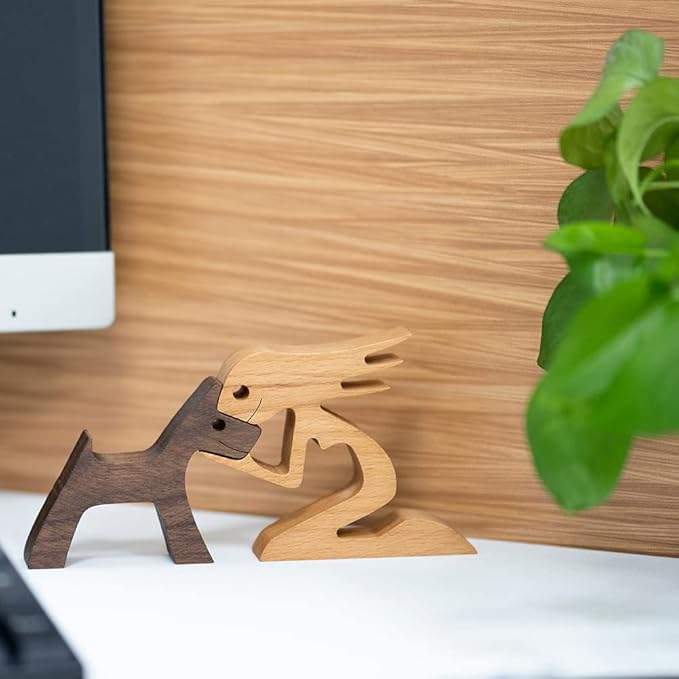 BOBO BIRD Wooden Dog Cat Family Statue, Handmade Wood Decoration, Cute Puppy, Kitty and People Sculpture Ornament Collectible Figurine Craft Arts for Home Office Living Room (Women+Puppy(L))