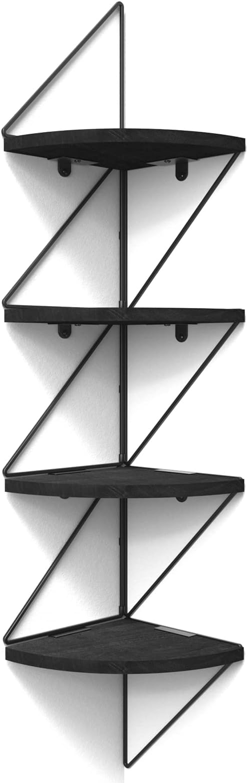 SZQINJI Corner Shelf Wall Mount 4-Tier Rustic Wood Floating Shelves Wall Shelves for Bedroom Living Room Bathroom Kitchen Office Vintage Black