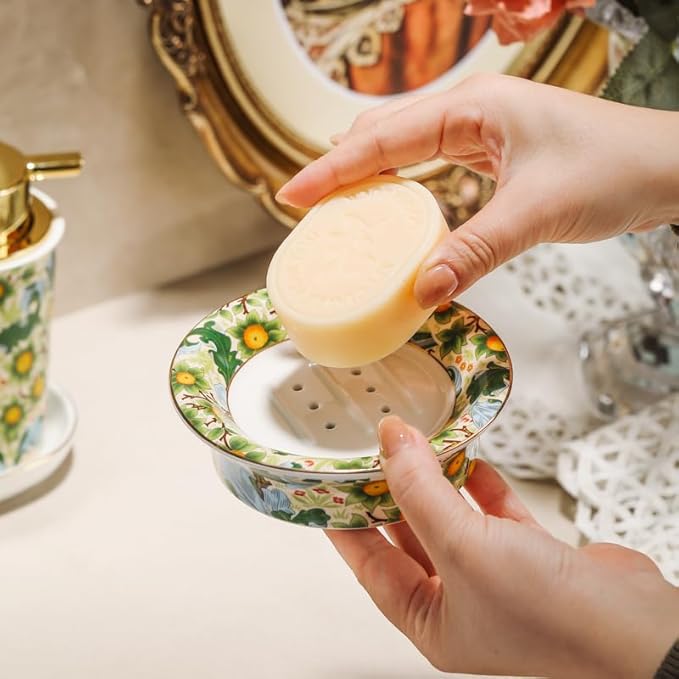Floral Decorative Self Draining Soap Dish, Double-Layer Round Soap Tray, Vintage Ceramic Soap Dish (Style A)