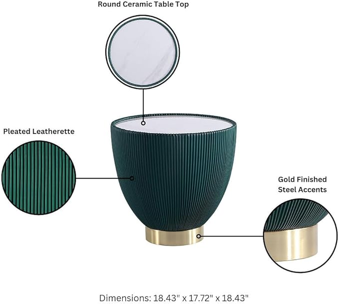 Manhattan Comfort Anderson Modern 18" Round End Table 2.0 | Ceramic Marble Tabletop, Elegant Pleated Leatherette Design & Gold Stainless Steel Base, Fully Assembled Accent Furniture, Set of 2, Green