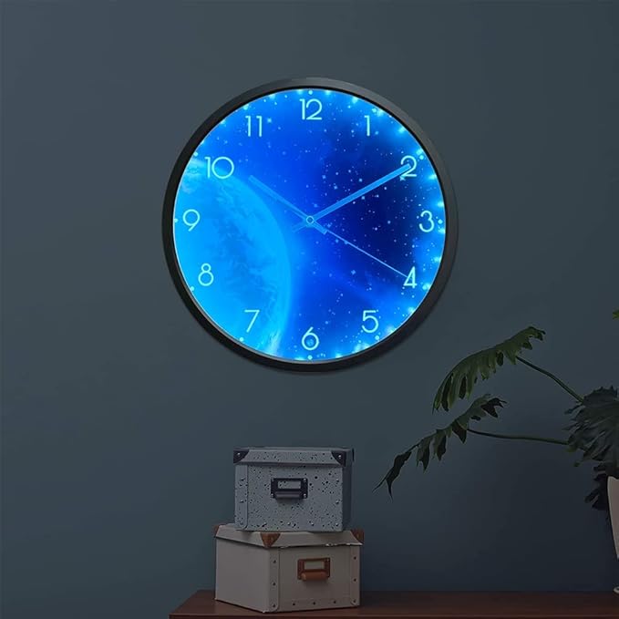OCEST 12 Inch Night Light Wall Clock for Bedroom, Silent Lighted up Wall Clock Glow in The Dark, Easy to Read, Large Digital Display, Battery Operated for Living Room Kitchen-Blue Earth