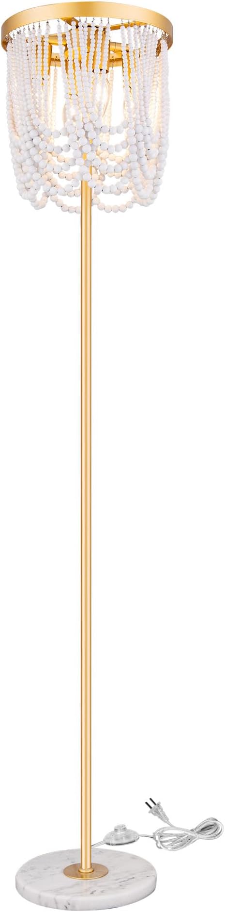 Wellmet Gold Floor Lamp With White Wood Beads for Living Room, Bedroom - Unique Round Decorative Lighting Fixture 60'' for Sofa, Bedside, Corner - DS-FL016