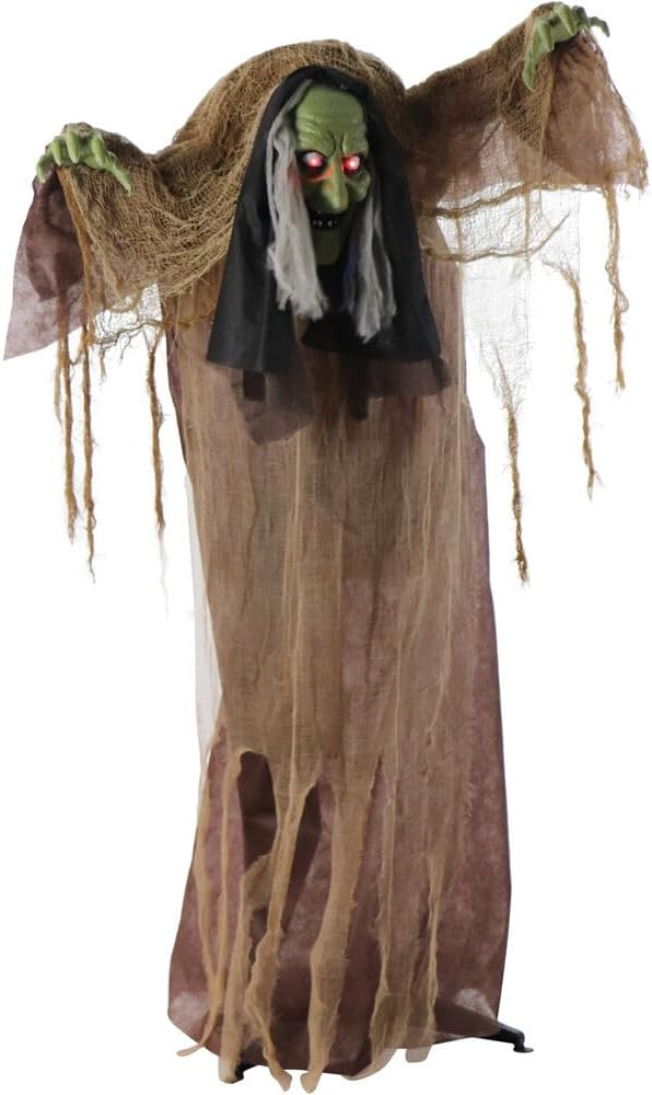 Haunted Hill Farm Talking Hunchback Witch, Halloween Animatronic with Movement and Lights for Battery Operated Scary Indoor or Covered Outdoor Halloween Decorations, Creepy Halloween Prop