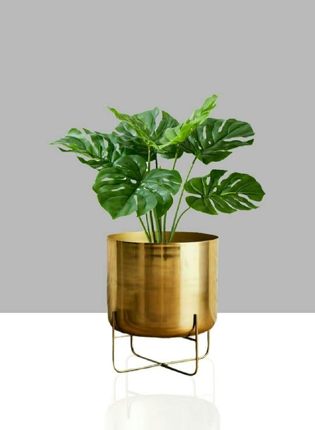 Serene Spaces Living Gold Planter with Detachable Stand – Modern Mid-Century Metal Pot for Indoor Plants – Decorative Flower Pot Holder for Living Room, Kitchen, Office, 14" Diameter & 23" Tall