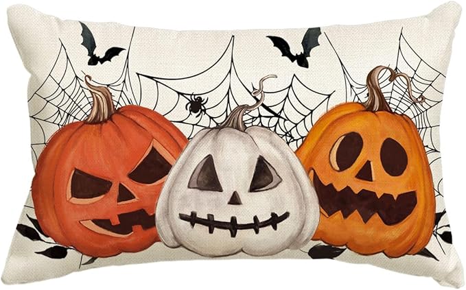 AVOIN colorlife Halloween Pumpkin Jack-O'-Lanterns Bat Throw Pillow Cover, 12 x 20 Inch Holiday Farmhouse Cushion Case Decoration for Sofa Couch