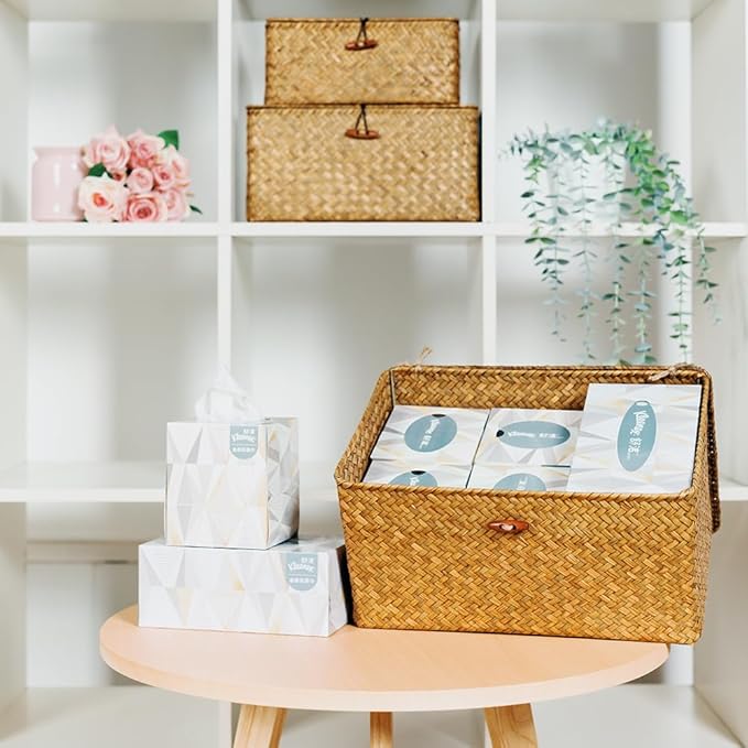 3 Pack Cube Seagrass Storage Bins with Lids, Rattan Woven Decorative Storage Boxes, Wicker Storage Baskets for Shelves, Storage Containers for Organizing, Clothes and Hobby Things
