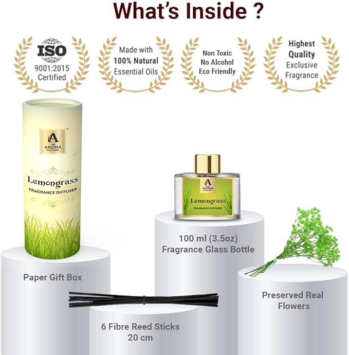 The Aroma Factory Fragrance Reed Diffuser Set with Natural Essential Oil, Aroma Sticks & Real Preserved Flowers | Luxury Home Decor Scent (Lemongrass & White Sage, 2 Pack)