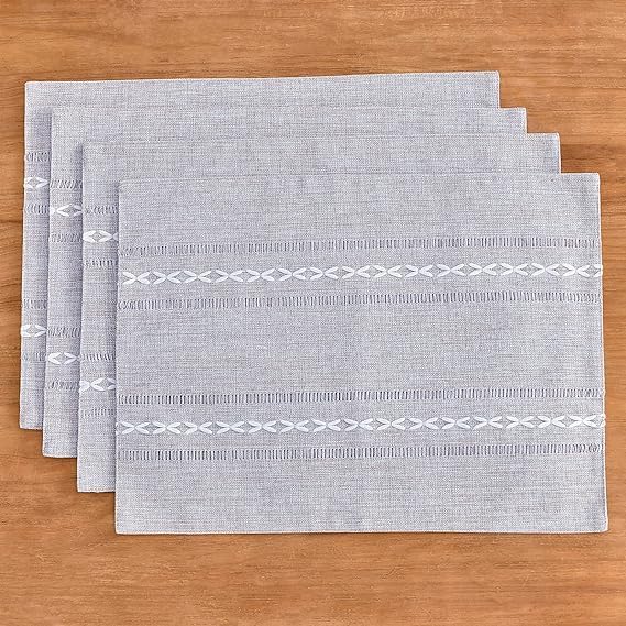 Wracra Cotton Linen Placemats, 12 x 18 Inch Set of 6 Placemats Rustic Hemstitch Place Mats for Kitchen Table and Heat Resistant-Hemstitch Grey