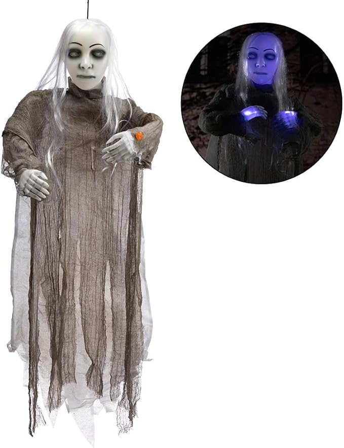 HollyHOME Animated Hanging Ghost with Glowing Head and Creepy Sounds Female Ghost Halloween Decorations Outdoor Haunted House Prop Decor 48 Inch