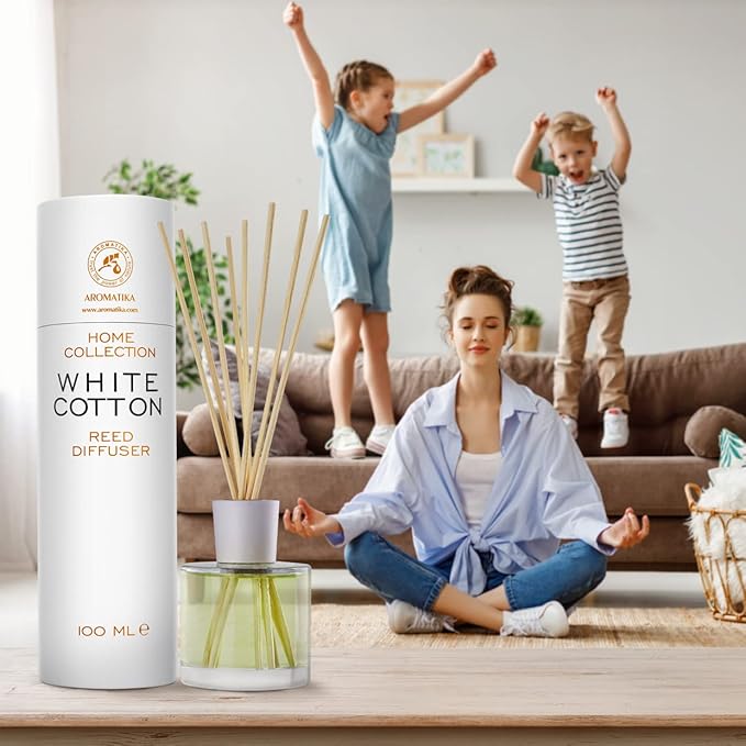 Reed Diffuser White Cotton 3.4 Fl Oz (100ml) - Room Diffuser with Floral Scent - Fragrance Diffuser with Rattan Sticks - Room Freshener - Scented Diffusers - Home Fragrance