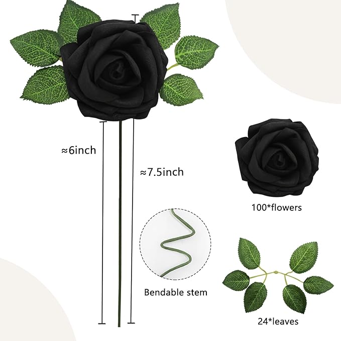 100PCS Black Artificial Flowers Roses Real Looking Foam Fake Roses with Leaves and for DIY Wedding Bouquets Bridal Shower Centerpieces Party Decorations (Black, 100)