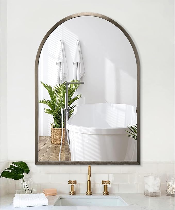 Large Arch Metal Framed Bathroom Mirror for Wall, Aluminum Alloy Frame Brushed Wall Mounted Mirror for Livingroom Bedroom Entryway, 28"x20"