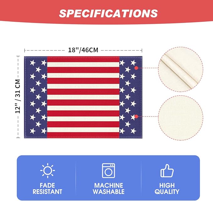 Artoid Mode Watercolor Stripes and Stars 4th of July Placemats Set of 4, 12 x 18 Inch Patriotic Memorial Day Seasonal Holiday Table Mats for Dining Table Decoration