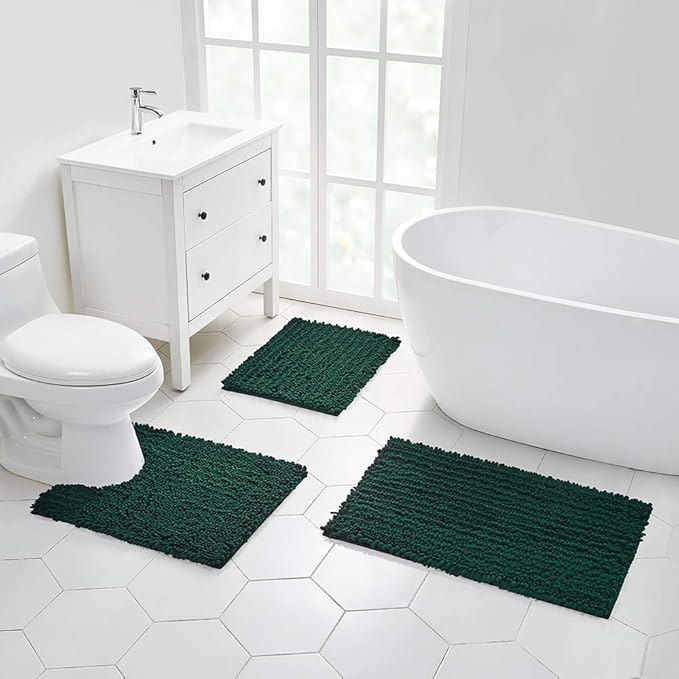 Walensee Bathroom Rug Non Slip Bath Mat (44x24 Inch Hunter Green) Water Absorbent Super Soft Shaggy Chenille Machine Washable Dry Extra Thick Perfect Absorbant Best Large Plush Carpet For Shower Floor