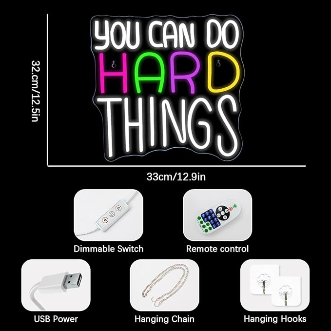 NEONLOVE You Can Do Hard Things Neon Sign Neon Signs for Wall Decor LED Lights Up Signs for Bedroom Bar Kids Room Library Club Party Positive Quotes Wall Art Sign USB White Neon Lights 12.9*12.5inch