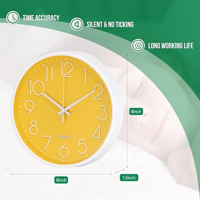 Wall Clock Non-Ticking Silent Modern Simple Style Round Decor Clock Stereoscopic Dial Quartz Wall Clocks for Home/Office/School/Living Room/Bedroom/Kitchen (Yellow, 8inch)