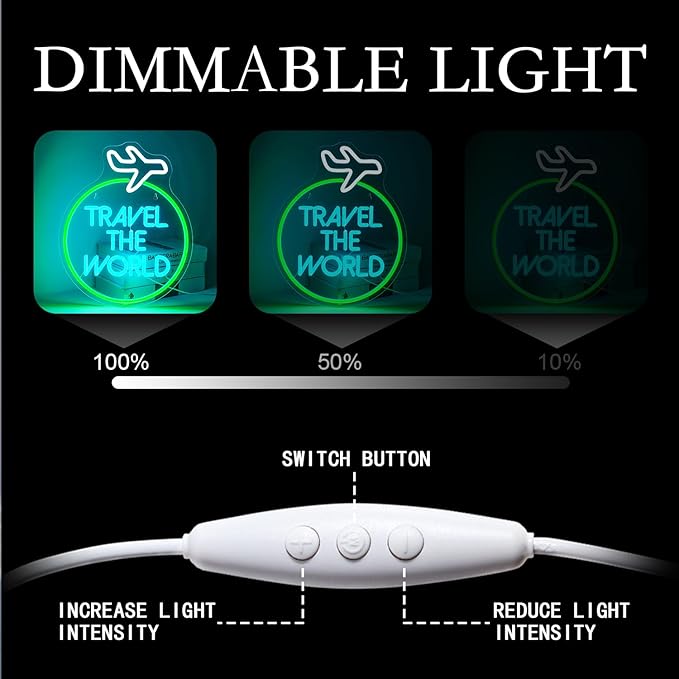 Lucunstar Travel the World Neon Sign Green Neon Lights White LED Sign Airplane Neon Signs for Wall Decor LED Lights Neon Light Sign for Bedroom Bar Man Cave Neon Wall Signs for Teen Neon Rope Light