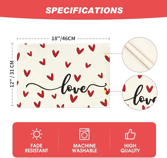 Artoid Mode White Love Valentine Placemats Set of 4, 12x18 Inch Seasonal Anniversary Holiday Table Mats for Party Kitchen Dining Decoration