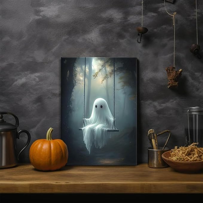 ILLBDR Cute Ghost Canvas Wall Art Halloween Decor Vintage Painting, Spooky Silhouette Ghost Haunted House Art, Bedroom Gothic Decor Ready to Hang, 12x16 Inch Framed