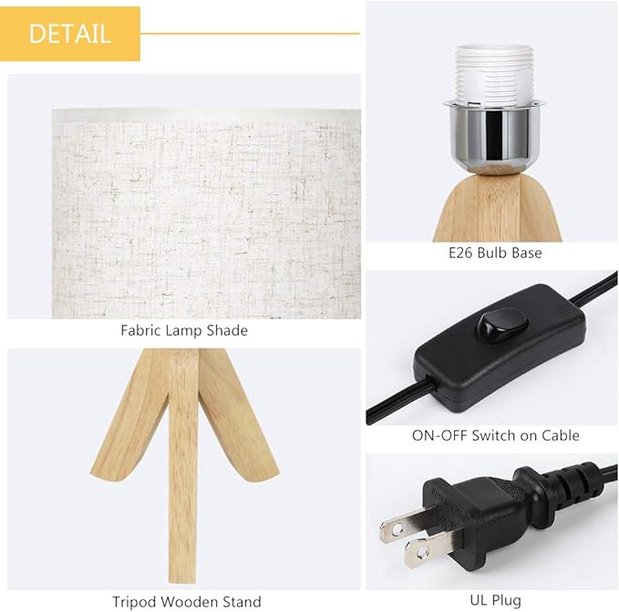 HAITRAL Small Table Lamps - Wooden Tripod Nightstand Lamps Set of 2 for Bedroom, Living Room, Office, Home with Fabric Linen Shade