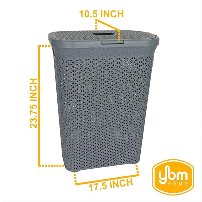 YBM Home Plastic Rattan Laundry Hamper Basket with Hinged Lid, Ventilation Holes, Durable, Lightweight Bin With Cutout Handles, Storage Dirty Clothes, Space Saver, 10.5" x 17.5" x 23.75", Grey, 6-Pack