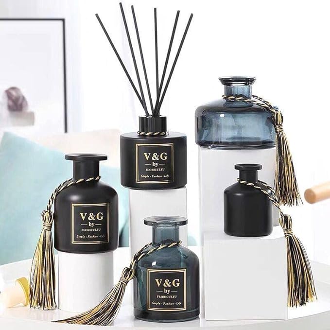 QUUPY 200ml Empty Glass Diffuser Bottle Round Aromatherapy Jar Container Essential Oil Perfume Fragrance Accessories for DIY Replacement Reed Sticks Crafts Decor Black