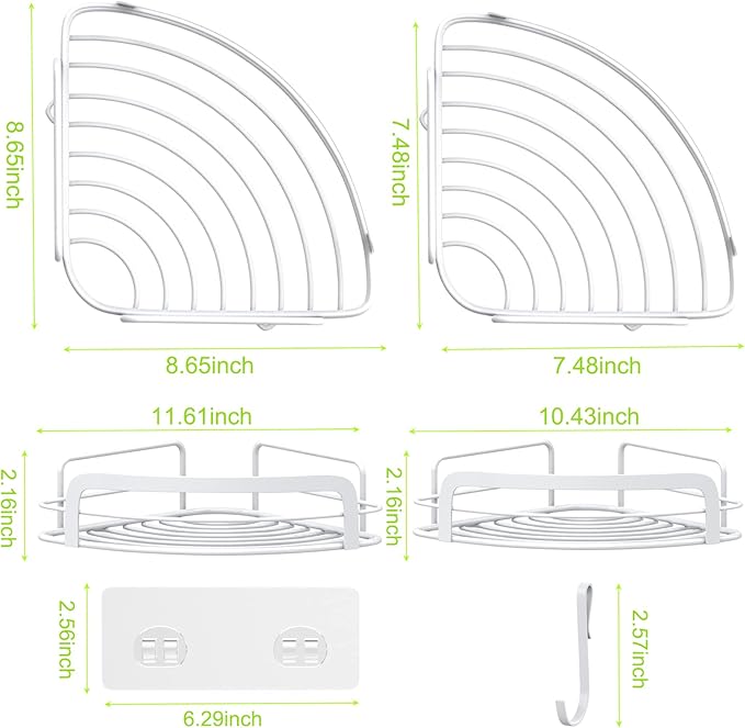 STEUGO 2-Pack Corner Shower with 4 Hooks Adhesive, Bathroom Shower Rack Rust Resistant SUS304 Stainless Steel for Dorm Bathroom Kitchen Storage (White)
