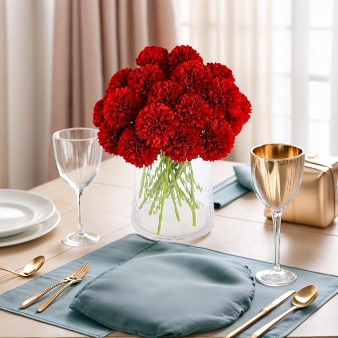 Kimura's Cabin Fake Flower Artificial Flowers 20pcs Silk Chrysanthemum Ball Hydrangea Arrangements Wedding Bouquets Decor Home Kitchen Garden Party Table Floral centerpieces DIY(Red)