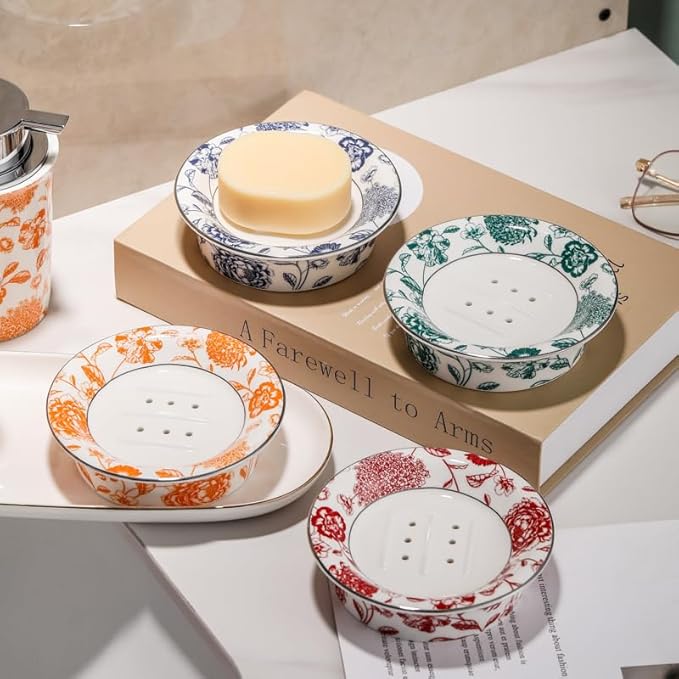 Floral Decorative Self Draining Soap Dish, Double-Layer Round Soap Tray, Vintage Ceramic Soap Dish (Style C)