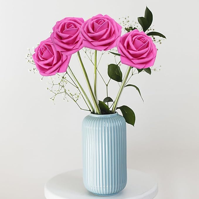 Artificial Flowers Roses Real Looking Foam Fake Roses with Leaves and for DIY Wedding Bouquets Bridal Shower Centerpieces Party Decorations (Hot Pink, 100)