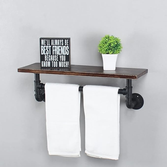 Industrial Pipe Shelving - Iron Bathroom Shelf With Towel Bar, 24in Rustic Metal Floating Wall Shelf, 1 Tier Retro Black