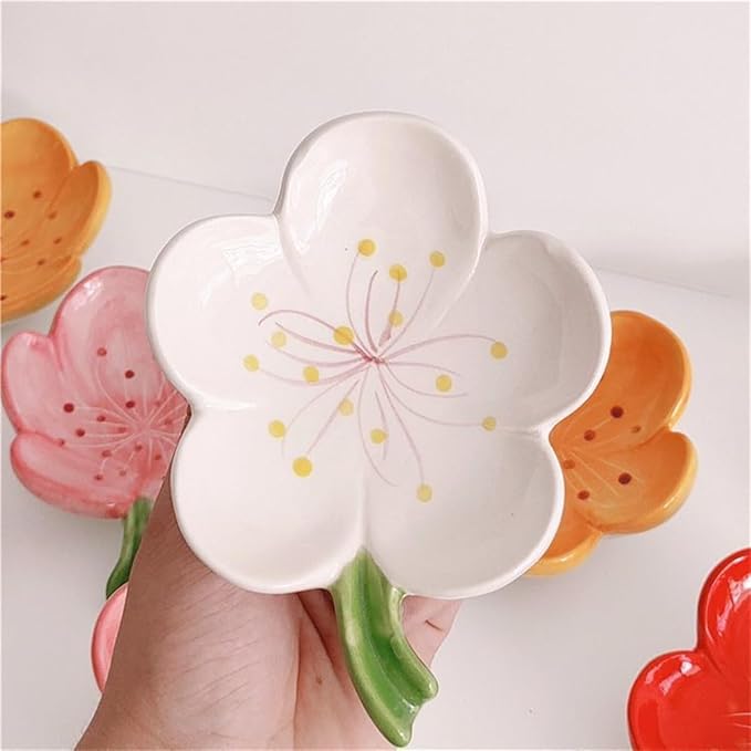 Ankah Decorative Ceramic Soap Box, Flower Shape Soap Dish, Self-Draining to Keep Dry Stop Mushy Soap Holder, Easy Cleaning, Best for Shower Bathroom and Kitchen (Peach Blossom, White)