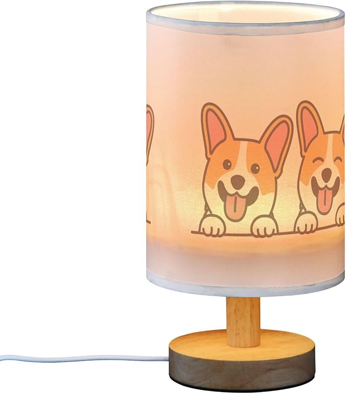 Table Lamp Cute Corgi Dog Smiling Cartoon Animal Nightstand Lamp with Wood Base Fabric Lamp Shade Bedside Desk Lamp for Living Room Bedroom Kids Room Office