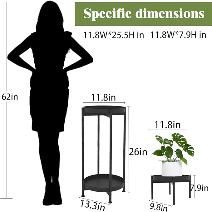 Plant Stand Indoor, 7.9'' H & 25.5'' H, Stable Plant Holder, Flower Pot Stands for Multiple Plants, Metal, Iron, Black