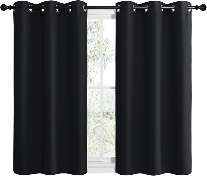 NICETOWN Halloween Bathroom Blackout Curtains and Drapes, Black Solid Thermal Insulated Grommet Blackout Drapery Panels for Window (2 Panels, 42 inches Wide by 40 inches Long, Black)