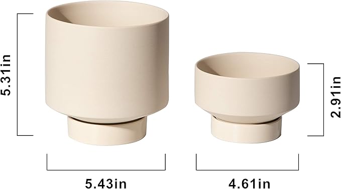 UBEE 2 Ceramic Pots for Indoor Plants Set, 5.43 Inch + 4.61 Inch Plant Pots with Drainage Holes and Saucers, Ceramic Succulents Planter Pot Flower Pot with Saucer, Beige