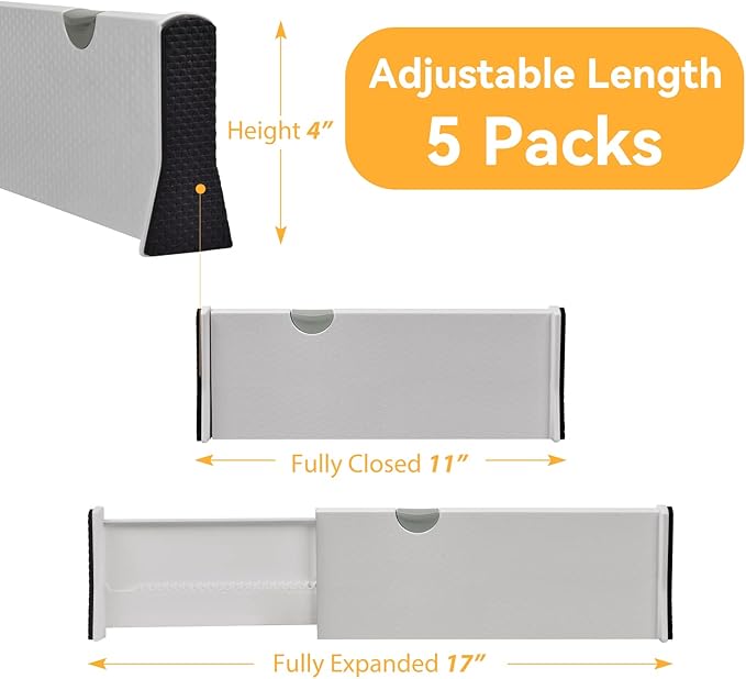 Drawer Dividers Organizer 5 Pack, Adjustable Separators 4" High Expandable from 11-17" for Bedroom, Bathroom, Closet,Clothing, Office, Kitchen Storage, Strong Secure Hold, Foam Ends, Locks in Place
