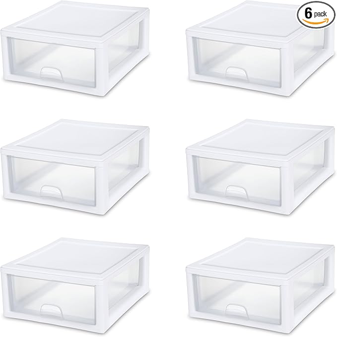 Sterilite 6-Pack 16 Quart Stacking Drawer, Clear Storage Closet Organizer, White Frame - Stackable Modular Plastic Drawers for Clothes, Accessories, Craft Supplies, Shoes or Linens