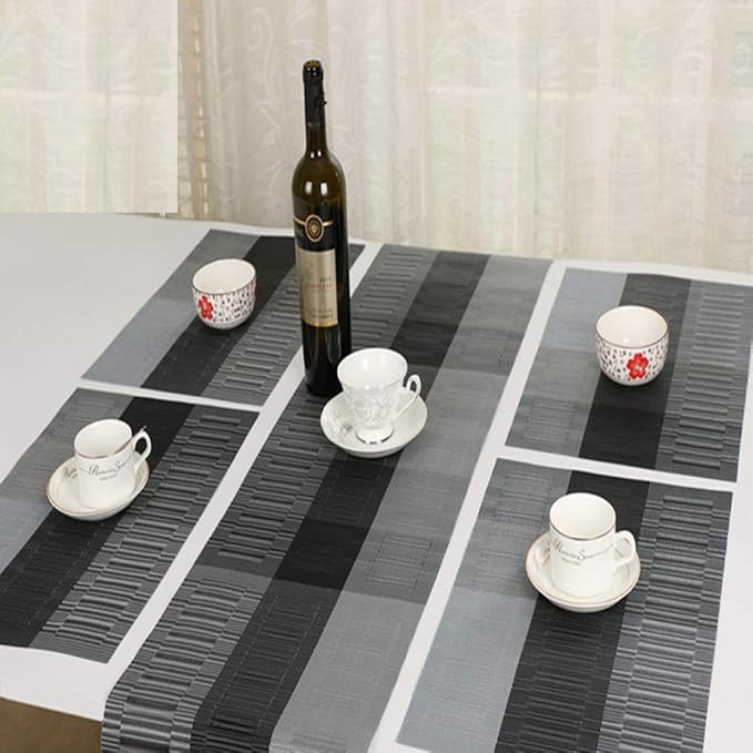 Placemats with Table Runner Set Place Mats, Woven Crossweave Vinyl Kitchen Tablemat, Washable PVC Table Mats for Dining Table, Parties, Farmhouse, Thanksgiving, Christmas & Gathering (Silver & Black)