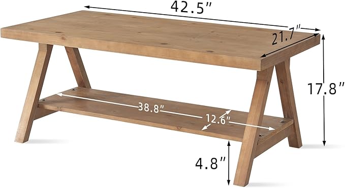 Farmhouse Coffee Table,Solid Wood Center Tables with Storage Shelves & Sturdy A-Shaped Legs, Modern Rustic 2-Tier Rectangular Table for Living Room and Office, Natural
