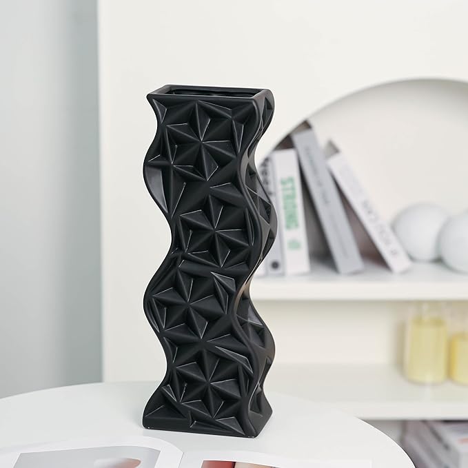 Modern Black Ceramic Tall Vase, 15.94" Large Vase for Living Room, Shelf, Table - Minimalist Twisted Design