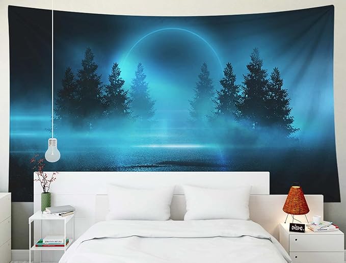 EMMTEEY Enchanted Forest Tapestry Moonlight Shine Dark Natural Scene with Reflection of in the Water Neon Blue 92.5X70.9 Tapestry