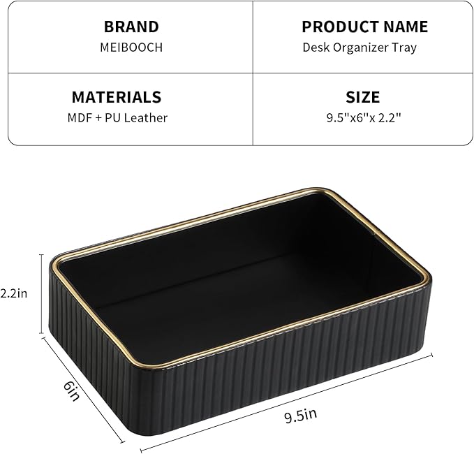 Desk Organizer Tray, PU Leather Valet Tray Nightstand Organizer Cologne Perfume Tray for Men Women, Decorative Vanity Tray Key Bowl Trinket Dish Bathroom Bedroom Accessories (Black)
