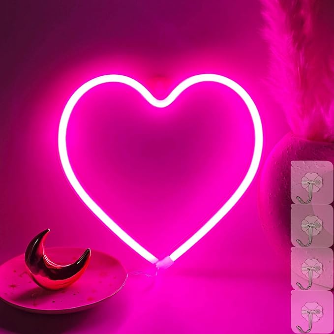 Neon Heart Lights - Pink LED Heart Lamp, Decorations for Home, Hanging Gifts, USB/Battery Operated for Bedroom, Living Room