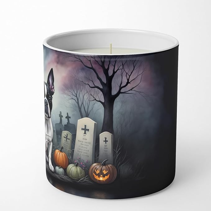 Caroline's Treasures DAC2020CDL Boston Terrier Spooky Halloween Decorative Soy Candle Nature Soy Wax Essential Oil Home Decor Ideal for Bedroom Kitchen Bath Office Gift, 10 oz