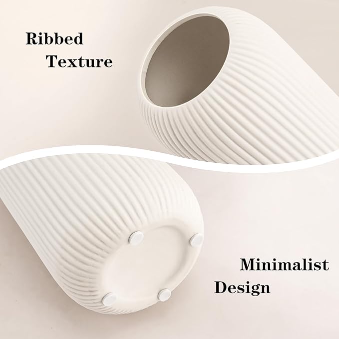 White Ceramic Vase for Flowers, Tall Home Decor Vase with Ribbed Texture, Vases for Centerpieces, Farmhouse Decor, Living Room, Christmas Decor Bedroom, Table, and Kitchen Shelf (10.2 in)