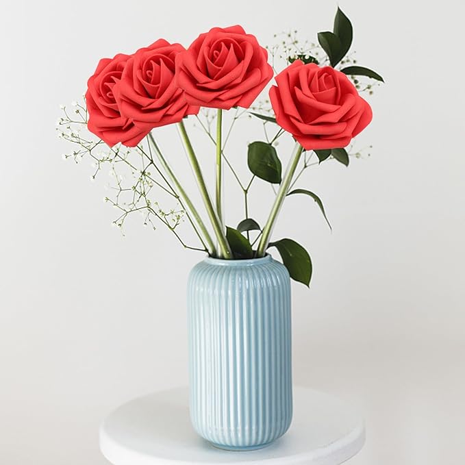 Artificial Flowers Red Roses Real Looking Foam Fake Roses 50PCS with Leaves and for DIY Wedding Bouquets Bridal Shower Centerpieces Party Decorations (Red)