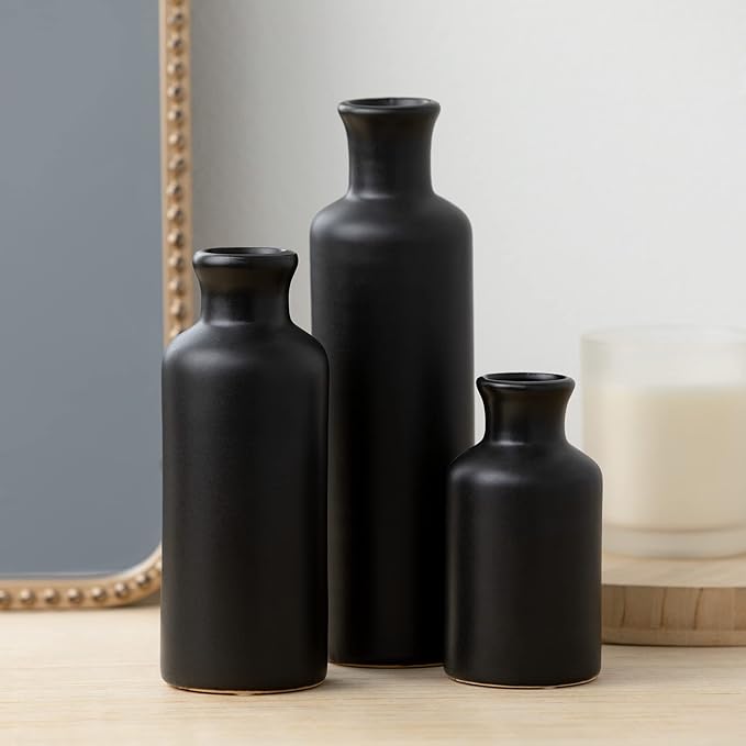 Sullivans Ceramic Black Vase Set, Modern Home Decor Decorative Vases for Your Kitchen, Bedroom, Office, Living Room, Bathroom, & Shelf Decor, Centerpiece Table Decorations, Small Vases (CM3038)